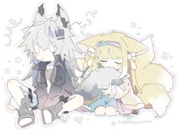 Rule 34 | 0 0, 2girls, animal ear fluff, animal ears, arknights, between legs, black footwear, black jacket, blue hairband, blue skirt, blush, boots, brown footwear, brown jacket, closed eyes, closed mouth, commentary request, fox ears, fox girl, fox tail, grey hair, hair between eyes, hair brush, hairband, hand between legs, holding, holding brush, jacket, kitsune, lappland (arknights), long hair, long sleeves, material growth, multiple girls, naguru (cyoroama), nose blush, open clothes, open jacket, oripathy lesion (arknights), puffy long sleeves, puffy sleeves, shoes, signature, simple background, skirt, sleeves past wrists, suzuran (arknights), suzuran (spring praise) (arknights), sweat, tail, two side up, very long hair, white background