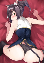 Rule 34 | 1girl, animal ear fluff, animal ears, ass, bare arms, bare shoulders, bed sheet, black hair, black panties, black thighhighs, blush, cat ears, cat girl, cat tail, commentary request, from above, from behind, green eyes, hand up, highres, karyl (princess connect!), looking at viewer, looking back, lying, multicolored hair, muoto, no pants, on stomach, panties, princess connect!, short hair, sleeveless, solo, spread legs, streaked hair, sweatdrop, tail, thighhighs, underwear, white hair