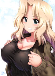 Rule 34 | 1girl, black shirt, blonde hair, blue eyes, blush, breasts, cleavage, collarbone, covered erect nipples, girls und panzer, green jacket, grin, hair intakes, highres, jacket, kamogawa tanuki, kay (girls und panzer), large breasts, lens flare, long hair, looking at viewer, open clothes, open jacket, shirt, smile, solo, star (symbol), star print, teeth, upper body