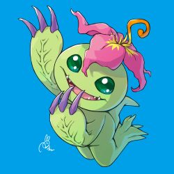Rule 34 | :d, blue background, digimon, digimon (creature), digimon adventure, fangs, flower, full body, green eyes, no humans, open mouth, palmon, peron (niki2ki884), pink flower, signature, simple background, smile