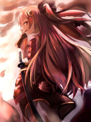 Rule 34 | 1girl, armor, cloud, floating hair, hair ornament, half-closed eyes, hamu111, hand up, japanese armor, japanese clothes, jouizumi masamune, katana, kimono, long hair, looking back, open mouth, red eyes, red hair, sheath, sheathed, shoulder armor, solo, sunset, sword, tenka hyakken, twintails, waist cape, weapon, wide sleeves