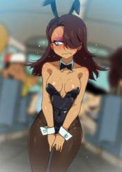 Rule 34 | 1girl, alternate costume, animal ears, asymmetrical bangs, averting eyes, bare shoulders, black eyes, black hairband, black leotard, black neckwear, black pantyhose, blurry, blurry background, blush, bow, bowtie, breasts, breasts apart, brown hair, bus interior, closed mouth, collarbone, covered navel, cowboy shot, dark-skinned female, dark skin, detached collar, dutch angle, embarrassed, eyeshadow, facing viewer, fake animal ears, female focus, groin, hair over one eye, hairband, half-closed eyes, jcm2, leotard, long hair, looking to the side, makeup, medium breasts, nose blush, own hands together, pantyhose, playboy bunny, purple eyeshadow, rabbit ears, shiny clothes, shiny skin, solo focus, standing, strapless, strapless leotard, sweat, taylor (the loud house), the loud house, v arms, vehicle interior, wavy mouth, wrist cuffs