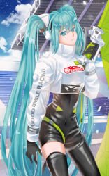 Rule 34 | 1girl, black bodysuit, black gloves, black thighhighs, bodysuit, cloud, commentary, covered navel, cropped jacket, english commentary, flag, gloves, goodsmile racing, hatsune miku, head tilt, highres, holding, holding flag, jacket, lens flare, long hair, looking at viewer, official alternate costume, parted lips, racetrack, racing miku, racing miku (2022), sartika3091, single thighhigh, sky, smile, solo, thighhighs, twintails, very long hair, vocaloid, white jacket