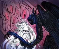 Rule 34 | 1boy, 1girl, black wings, closed eyes, commentary, english commentary, extra arms, eyeball, facing another, feathered wings, highres, saelrum, slay the princess, spoilers, the long quiet (slay the princess), the shifting mound (slay the princess), wings