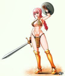 Rule 34 | 1girl, abs, arm up, armor, bikini armor, braid, braided ponytail, breasts, cleavage, female focus, full body, gloves, greaves, high heels, jadenkaiba, large breasts, long hair, matching hair/eyes, navel, one piece, open mouth, pink eyes, pink hair, ponytail, rebecca (one piece), shield, simple background, smile, solo, standing, stomach, sword, toned, weapon