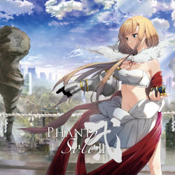 Rule 34 | 1girl, album cover, armor, blonde hair, blue eyes, copyright request, cover, crown, day, eight tohyama, expressionless, feet out of frame, fur trim, highres, holding, holding crown, kanji, long hair, mini crown, outdoors, pauldrons, phant (taishi), rope, ruins, shimenawa, shoulder armor, single pauldron, skirt, skyline, standing, strapless, tube top