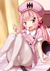 Rule 34 | 1girl, :d, arm support, ass, blush, commentary request, curtains, demon girl, demon tail, dress, fang, food print, hair bobbles, hair ornament, hat, head tilt, highres, holding, holding syringe, indoors, knees up, long hair, low twintails, mochiyuki, no shoes, nurse, nurse cap, on bed, open mouth, original, panties, panties under pantyhose, pantyhose, pink dress, pink hair, pink hat, pointy ears, print panties, red eyes, short sleeves, sidelocks, smile, solo, strawberry panties, strawberry print, syringe, tail, twintails, underwear, very long hair, white pantyhose