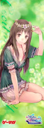 Rule 34 | 1girl, absurdres, arm support, arm up, atelier (series), atelier rorona, atelier totori, blouse, blush, breasts, brown eyes, brown hair, cecilia helmold, cleavage, downblouse, female focus, flower, frills, gradient hair, grey eyes, hair ornament, hair over breasts, hairclip, hand on own head, head wreath, highres, kishida mel, lace, long hair, long image, looking at viewer, miniskirt, multicolored hair, official art, profile, purple hair, scan, shirt, sidelocks, sitting, skirt, smile, solo, stick poster, tall image, thighs, wreath