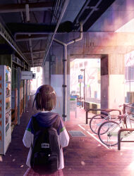 Rule 34 | 1girl, backpack, bag, bicycle, black bag, black hair, blue jacket, chain-link fence, cherry blossoms, commentary request, fence, from behind, grate, green jacket, highres, jacket, lamppost, multicolored clothes, multicolored jacket, original, outdoors, overpass, pink skirt, plaid, plaid skirt, road sign, scenery, sewer grate, short hair, shurock, sign, skirt, solo, spring (season), vanishing point, vending machine, walking, white jacket