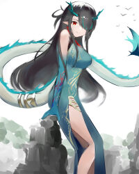 Rule 34 | 1girl, absurdres, aqua dress, arknights, black hair, china dress, chinese clothes, colored skin, commentary, dragon girl, dragon horns, dragon tail, dress, dusk (arknights), dusk (everything is a miracle) (arknights), earrings, fiery tail, gradient skin, green horns, green skin, hair over one eye, highres, horns, jewelry, multicolored hair, obniermarbiss, red eyes, sleeveless, sleeveless dress, streaked hair, symbol-only commentary, tail, tail ornament, tail ring, tassel, tassel earrings