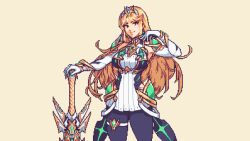 Rule 34 | 1girl, blonde hair, breasts, buskhusker, cowboy shot, detached sleeves, dress, earrings, gloves, holding, holding sword, holding weapon, jewelry, large breasts, looking at viewer, mythra (xenoblade), pantyhose, pixel art, smile, solo, sword, tiara, weapon, white dress, white gloves, xenoblade chronicles (series), xenoblade chronicles 2