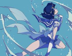 Rule 34 | 1girl, bishoujo senshi sailor moon, blue background, blue bow, blue footwear, blue hair, blue theme, bow, breasts, elbow gloves, gloves, highres, magical girl, mizuno ami, pochi (askas is god), sailor collar, sailor mercury, short hair, simple background, solo, water, white gloves