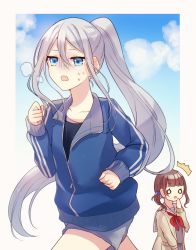 Rule 34 | 2girls, aryuma772, black shirt, blank eyes, blue jacket, blue scrunchie, blunt bangs, brown hair, cardigan, character request, collarbone, collared shirt, grey shirt, grey shorts, hair ornament, hair scrunchie, highres, jacket, long hair, long sleeves, multiple girls, neckerchief, open cardigan, open clothes, open mouth, ponytail, project sekai, red neckerchief, running, sailor collar, sailor shirt, scrunchie, shirt, short shorts, shorts, side ponytail, silver hair, sweatdrop, track jacket, very long hair, white sailor collar