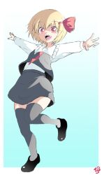 Rule 34 | 1girl, black footwear, black skirt, black thighhighs, black vest, blonde hair, collared shirt, commentary request, flat chest, frilled shirt collar, frills, full body, hair ribbon, iq5, long sleeves, looking at viewer, necktie, open mouth, outstretched arms, red eyes, red necktie, red ribbon, ribbon, rumia, shirt, shoes, short hair, skirt, skirt set, smile, solo, spread arms, standing, standing on one leg, thighhighs, touhou, vest, white shirt
