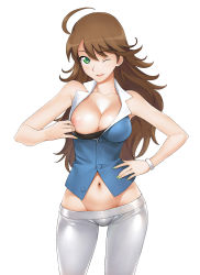 Rule 34 | 1girl, a1 (initial-g), absurdres, ahoge, awakened miki, bare shoulders, breast slip, breasts, brown hair, cleavage, clothes pull, collarbone, cosplay, fusion, green eyes, groin, gundam, gundam 00, hand on own hip, highres, hip focus, hoshii miki, idolmaster, idolmaster (classic), large breasts, legs, long hair, looking at viewer, nail polish, namco, navel, nipple slip, nipples, one breast out, one eye closed, pants, shirt pull, show body part, solo, standing, sumeragi lee noriega, sumeragi lee noriega (cosplay), sunrise (company), thighs, wavy hair, wide hips, wink