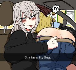 Rule 34 | 2girls, akaboshi koume, ass, ass focus, black sweater, blue eyes, blush, breasts, brown hair, butt crack, car interior, car seat, casual, closed mouth, clothes pull, commentary request, denim, drive-thru, english text, girls und panzer, half-closed eyes, he wants to order (meme), highres, itsumi erika, long sleeves, looking at viewer, medium breasts, meme, multiple girls, noumen, panties, pants, pants pull, panty peek, pink panties, rear-view mirror, selfie, snapchat, steering wheel, sweater, tongue, tongue out, turtleneck, underwear, white hair, yellow sweater, yuri