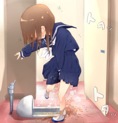 Rule 34 | 1girl, 22m, bathroom, between legs, blue sailor collar, blue shirt, blue skirt, blush, breath, brown hair, crying, door, embarrassed, female focus, from side, full body, hair over eyes, hand between legs, have to pee, highres, indoors, japanese text, long sleeves, neckerchief, nose blush, open mouth, original, outstretched arm, peeing, peeing self, pleated skirt, puddle, sailor collar, school uniform, serafuku, shirt, shoes, sideways mouth, skirt, socks, solo, squat toilet, standing, standing on one leg, steam, sweat, tears, toilet use, translation request, undershirt, wavy mouth, wet, wet clothes, white footwear, white neckerchief, white socks