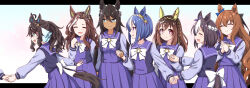 6+girls ahoge animal_ears black_hair blue_hair breasts buena_vista_(umamusume) cesario_(umamusume) closed_eyes closed_mouth commentary daring_heart_(umamusume) daring_tact_(umamusume) dark_skin forehead headband highres hiro_(pqtks113) holding_hands horse_girl long_hair looking_at_viewer maruzensky_(umamusume) medium_breasts multiple_girls purple_eyes school_uniform smile special_week_(umamusume) symboli_kris_s_(umamusume) umamusume white_background