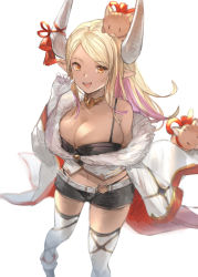 Rule 34 | 1girl, :d, absurdres, artist request, belt, black panties, black shorts, blonde hair, camisole, clothes pull, colored inner hair, dark-skinned female, dark skin, draph, elbow gloves, fur-trimmed jacket, fur trim, gloves, granblue fantasy, highres, horn ornament, horn ribbon, horns, jacket, jacket pull, jewelry, kumbhira (granblue fantasy), midriff, multicolored hair, navel, necklace, open mouth, orange eyes, panties, parted bangs, pig, pink hair, pointy ears, ribbon, short shorts, shorts, simple background, smile, solo focus, thighhighs, underwear, white background, white belt, white gloves, white thighhighs