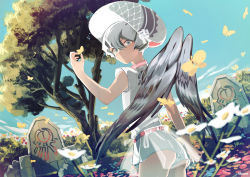 Rule 34 | 1boy, 4hune, artist name, ass, bad id, bad pixiv id, belt, black wings, bug, butterfly, day, feathered wings, flower, from behind, grey eyes, grey hair, hair between eyes, highres, insect, jumpsuit, looking at viewer, looking back, male focus, original, outdoors, red belt, see-through, short jumpsuit, solo, tombstone, trap, white headwear, white jumpsuit, wings