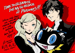 Rule 34 | 10s, 1boy, 1girl, ;), absurdres, amamiya ren, animal hands, artist name, black hair, blonde hair, cat, cat paws, domino mask, english text, glasses, highres, looking at viewer, mask, morgana (persona 5), official art, one eye closed, persona, persona 5, red background, release date, scarf, school uniform, signature, smile, soejima shigenori, takamaki anne, twintails