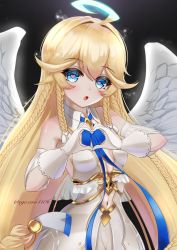Rule 34 | 1girl, ahoge, angel, angel wings, angelica (epic seven), artist name, bare shoulders, black background, blonde hair, blue bow, blue eyes, bow, braid, dress, egozero4106, epic seven, gloves, halo, heart, heart-shaped pupils, heart hands, long hair, looking at viewer, md5 mismatch, neck ribbon, open mouth, resolution mismatch, ribbon, source larger, symbol-shaped pupils, very long hair, white dress, white gloves, wings
