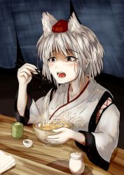 Rule 34 | 1girl, animal ears, bowl, chopsticks, counter, countertop, cup, curtains, eating, failure, fangs, food, hat, highres, inubashiri momiji, kagami toufu, kourindou tengu costume, looking to the side, noodles, open mouth, pointy ears, red eyes, short hair, solo, splashing, tokin hat, touhou, udon, white hair, wolf ears, yunomi