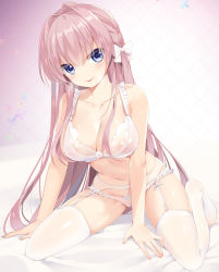 Rule 34 | 1girl, arm support, bad id, bad pixiv id, blue eyes, blush, bow, bra, braid, breasts, cleavage, collarbone, commentary, commentary request, copyright request, covered erect nipples, english commentary, frilled panties, frills, full body, garter belt, hair bow, highres, light brown hair, long hair, looking at viewer, medium breasts, mixed-language commentary, mvv, navel, nipples, no shoes, panties, see-through, sitting, solo, spread legs, stomach, thighhighs, underwear, underwear only, very long hair, wariza, white bow, white bra, white garter belt, white panties, white thighhighs