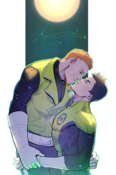 Rule 34 | 2boys, bara, belt, black bodysuit, black hair, bodysuit, couple, dc comics, closed eyes, full moon, gloves, green bodysuit, green eyes, green lantern, green lantern (series), green vest, guy gardner, hand grab, hand on another&#039;s back, highres, holding hands, imminent kiss, jewelry, kyle rayner, looking at another, male focus, moon, multiple boys, muscular, muscular male, night, night sky, orange hair, pectorals, pevi, ring, short hair, sky, smile, two-tone bodysuit, vest, white belt, white gloves, yaoi