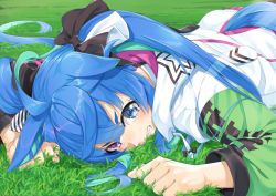Rule 34 | 1girl, animal ears, black ribbon, blue eyes, blue hair, clenched teeth, commentary request, day, drawstring, grass, hair ribbon, heterochromia, horse ears, horse girl, horse tail, jacket, long hair, long sleeves, lying, miri (ago550421), multicolored hair, on grass, on stomach, outdoors, puffy long sleeves, puffy sleeves, purple eyes, revision, ribbon, sharp teeth, solo, sweat, tail, tearing up, tears, teeth, twin turbo (umamusume), twintails, two-tone hair, umamusume, very long hair, white jacket