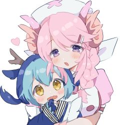 Rule 34 | 2girls, blush, dragon girl, dragon horns, dragonmaid (yu-gi-oh!), duel monster, hair between eyes, hair ornament, hairclip, hat, heart, highres, holding person, horns, laundry dragonmaid, looking at viewer, maid, multicolored hair, multiple girls, nurse cap, nurse dragonmaid, open mouth, pink hair, purple eyes, rr ffb, simple background, white background, yellow eyes, yu-gi-oh!