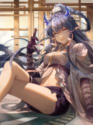 Rule 34 | 1girl, :d, absurdres, arknights, black gloves, black shorts, blouse, blue eyes, blue hair, braid, breasts, coat, crossed legs, cup, detached collar, dragon horns, elbow pads, gloves, highres, holding, holding cup, horns, huayi, large breasts, ling (arknights), long hair, long sleeves, looking at viewer, multicolored hair, navel, necktie, open clothes, open coat, open mouth, pointy ears, shirt, short shorts, shorts, sitting, smile, solo, strapless, strapless shirt, streaked hair, thigh strap, two-tone hair, very long hair, white coat, white hair, white shirt, wide sleeves, yellow necktie