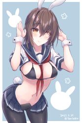 Rule 34 | 1girl, animal ears, arms up, between breasts, bikini, black bikini, blue sailor collar, blue skirt, blush, breasts, brown eyes, brown hair, closed mouth, collarbone, cowboy shot, cropped shirt, dated, furutaka (kancolle), glowing, glowing eye, gluteal fold, hair between eyes, hair ornament, hairclip, highres, kabocha torute, kantai collection, large breasts, leaning forward, leaning to the side, linea alba, looking at viewer, medium hair, navel, neckerchief, neckerchief between breasts, one-hour drawing challenge, pleated skirt, rabbit background, rabbit ears, rabbit tail, raised eyebrows, red neckerchief, reverse outfit, sailor collar, shirt, short sleeves, skirt, string bikini, swimsuit, tail, twitter username, underboob, white shirt, wrist cuffs