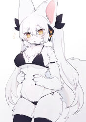 Rule 34 | 1girl, animal ears, bikini, black bikini, body fur, breasts, commentary, furry, furry female, large breasts, long hair, original, pemi (spommmm), solo, swimsuit, tail, thighhighs, twintails, white background, yellow eyes