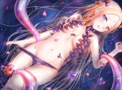Rule 34 | 1girl, abigail williams (fate), abigail williams (second ascension) (fate), asymmetrical legwear, black bow, black hat, black panties, black thighhighs, blonde hair, blush, bow, breasts, bug, butterfly, collarbone, commentary request, fate/grand order, fate (series), forehead, groin, hand up, hat, hat bow, head tilt, insect, kinom (sculpturesky), long hair, looking at viewer, lying, medium breasts, navel, no headwear, on back, orange bow, panties, panty pull, parted bangs, parted lips, petals, pulled by self, red eyes, revealing clothes, single thighhigh, solo, tentacles, thighhighs, topless, underwear, uneven legwear, very long hair