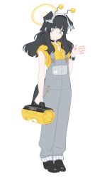 Rule 34 | 1girl, alternate costume, animal ears, bare arms, black hair, blue archive, choker, concept art, dog ears, dog tail, full body, grey overalls, hair bobbles, hair ornament, halo, hand up, headband, hibiki (blue archive), holding, long hair, mechanic, mimitoke, overalls, purple eyes, short sleeves, simple background, solo, tail, toolbox, white background, wristband
