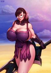 Rule 34 | 1girl, apron, bare shoulders, barretxiii, beach, biceps, black hair, blue sky, breasts, bursting breasts, cattleya (queen&#039;s blade), cleavage, cloud, cowboy shot, detached collar, eyelashes, female focus, gauntlets, gigantic breasts, glasses, grin, highres, holding, holding sword, holding weapon, huge breasts, lips, looking at viewer, mature female, muscular, muscular female, naked apron, ocean, outdoors, panties, partially visible vulva, patreon username, pink lips, queen&#039;s blade, sand, shiny clothes, shiny skin, skindentation, sky, smile, solo, standing, sword, teeth, thick lips, underwear, warrior, weapon