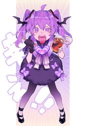 Rule 34 | 1girl, ahoge, anklet, black footwear, black gloves, blush, bow, burnt tongue, commentary request, crying, crying with eyes open, cup ramen, dress, emphasis lines, food, full body, gloves, gradient legwear, hair bow, hair intakes, hands up, holding, holding food, jewelry, long hair, looking at viewer, mahou shoujo minky pinky, mary janes, multiple hair bows, napoli no otokotachi, open mouth, outside border, pantyhose, pigeon-toed, pillarboxed, pinstripe dress, pinstripe pattern, purple dress, purple eyes, purple hair, purple pantyhose, raised eyebrow, shoes, short sleeves, single glove, solo, spicy, standing, straight-on, striped, susunotani, tears, tongue, tongue out, translation request, twintails, uneven eyes, v-shaped eyebrows