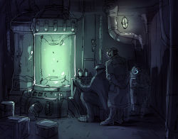 Rule 34 | 3boys, bondrewd, cape, coat, covered face, crate, dark, glowing, height difference, hoshita (vbktyellow), industrial pipe, laboratory, made in abyss, male focus, mask, multiple boys, sitting, smoking pipe, standing, stasis tank