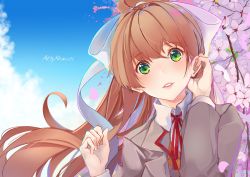 Rule 34 | 1girl, adjusting hair, blazer, blue sky, bow, brown hair, cherry blossoms, cloud, collared shirt, commentary, day, doki doki literature club, green eyes, grey jacket, hair bow, hands up, highres, jacket, long hair, long sleeves, looking at viewer, monika (doki doki literature club), neck ribbon, outdoors, parted lips, petals, ponytail, red ribbon, ribbon, school uniform, shirt, sidelocks, sky, solo, tareme, teeth, tree, upper body, very long hair, vest, white bow, white shirt, wind, wing collar, xhunzei