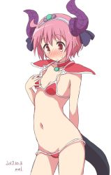 Rule 34 | 1girl, ahoge, arm behind back, armor, artist name, bikini, bikini armor, blush, breasts, choker, closed mouth, cosplay, cowboy shot, dated, dragon tail, elizabeth bathory (brave) (fate), elizabeth bathory (brave) (fate) (cosplay), elizabeth bathory (fate), embarrassed, fate/grand order, fate (series), hand on own chest, horns, looking at viewer, mel (melty pot), navel, nonohara yuzuko, nose blush, one-hour drawing challenge, oversized clothes, pauldrons, pink eyes, pink hair, red armor, red bikini, red choker, short hair, shoulder armor, simple background, small breasts, solo, standing, stomach, sweatdrop, swimsuit, tail, tiara, wavy mouth, white background, yuyushiki