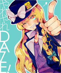 Rule 34 | 1girl, ;d, aqua background, blonde hair, blue background, bow, braid, chain, collarbone, cosplay, grin, hair bow, hair ribbon, hat, jacket, jojo no kimyou na bouken, kirisame marisa, kuujou joutarou, kuujou joutarou (cosplay), long hair, looking at viewer, one eye closed, open clothes, open jacket, open mouth, outline, parted lips, pointing, ribbon, seriko (seo77000), simple background, single braid, smile, solo, teeth, touhou, translation request, wavy hair, wink