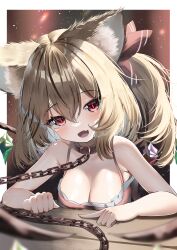 Rule 34 | 1girl, :d, absurdres, animal collar, animal ear fluff, animal ears, bare shoulders, bdsm, blurry, blush, breasts, chain, chained, cleavage, collar, dfra, fang, flandre scarlet, hair between eyes, highres, kemonomimi mode, large breasts, leash, light particles, medium hair, one side up, open mouth, red eyes, skin fang, slave, smile, solo, touhou, viewer holding leash
