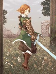 Rule 34 | 1girl, armor, armored dress, boots, brown hair, dress, final fantasy, final fantasy tactics a2, final fantasy tactics advance, flower, frimelda lotice, gauntlets, green eyes, knight, ma-hain-scarlet, pants, pauldrons, ruins, short hair, shoulder armor, solo, sword, weapon