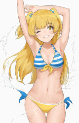 Rule 34 | 1girl, arm behind head, armpits, arms up, bikini, blonde hair, blue bikini, blue bow, blush, bow, breasts, collarbone, commentary, english text, engrish text, eyes visible through hair, facing viewer, front-tie top, gluteal fold, grey background, grin, hair tie, highres, idolmaster, idolmaster cinderella girls, jougasaki rika, legs together, long hair, looking at viewer, midriff, multicolored clothes, navel, o-ring, o-ring top, one eye closed, ranguage, ribs, side-tie bikini bottom, sidelocks, simple background, smile, solo, splashing, stomach, striped bikini, striped clothes, swimsuit, takita (takita3411), thigh gap, two side up, water, wet, yellow bikini, yellow bow, yellow eyes