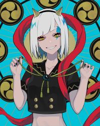 Rule 34 | 1girl, black nails, blue background, blunt bangs, buttons, clenched teeth, double-breasted, fingernails, grin, highres, horns, lam (ramdayo), nail polish, oni, original, sailor collar, short sleeves, smile, solo, teeth, upper body, white hair, yellow eyes