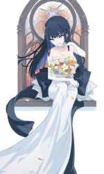 Rule 34 | 1girl, absurdres, black hair, blue archive, blue eyes, blue flower, blue hair, blue halo, bouquet, breasts, cleavage, colored inner hair, dress, earrings, elbow gloves, flower, gloves, grin, hair ornament, halo, highres, holding, holding bouquet, jewelry, kulomi, large breasts, long hair, multicolored hair, official alternate costume, orange flower, purple flower, red flower, saori (blue archive), saori (dress) (blue archive), smile, solo, white dress, white flower, white gloves, yellow flower