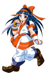 Rule 34 | 1girl, ainu clothes, blue hair, breasts, fingerless gloves, gloves, green eyes, hair ribbon, highres, legs, nakoruru, pants, ribbon, samurai spirits, small breasts, snk, solo, the king of fighters, thighs, walking, weapon