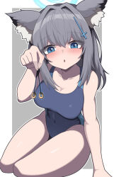 Rule 34 | 1girl, animal ear fluff, animal ears, bare arms, bare legs, bare shoulders, black one-piece swimsuit, blue archive, blue eyes, blush, breasts, cleavage, coin, collarbone, competition swimsuit, extra ears, fuyu no usagi, grey hair, hair between eyes, highres, large breasts, medium hair, official alternate costume, one-piece swimsuit, parted lips, shiroko (blue archive), shiroko (swimsuit) (blue archive), solo, swimsuit, wolf ears