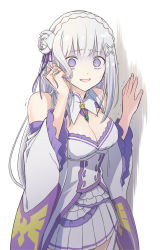 Rule 34 | 1girl, :d, against wall, bare shoulders, braid, breasts, cleavage, commentary request, cowboy shot, detached sleeves, emilia (re:zero), flower, forced smile, frilled sleeves, frills, gem, hair flower, hair ornament, highres, holding, holding hair, horrified, long sleeves, looking at viewer, medium breasts, miniskirt, nervous, nervous smile, open mouth, pleated skirt, purple eyes, re:zero kara hajimeru isekai seikatsu, scared, shake sawa, silver hair, skirt, smile, solo, standing, sweat, trembling, turn pale, white background, white skirt, wide sleeves
